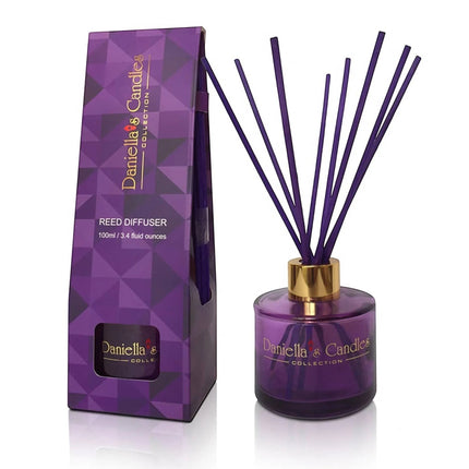 Urbn-cart purple glass reed diffuser with gold accent and purple reeds, 100ml. Includes decorative packaging.