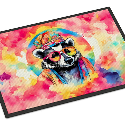 Urbn-cart doormat with a watercolor-style raccoon wearing sunglasses and a bandana against a vibrant, tie-dye background.