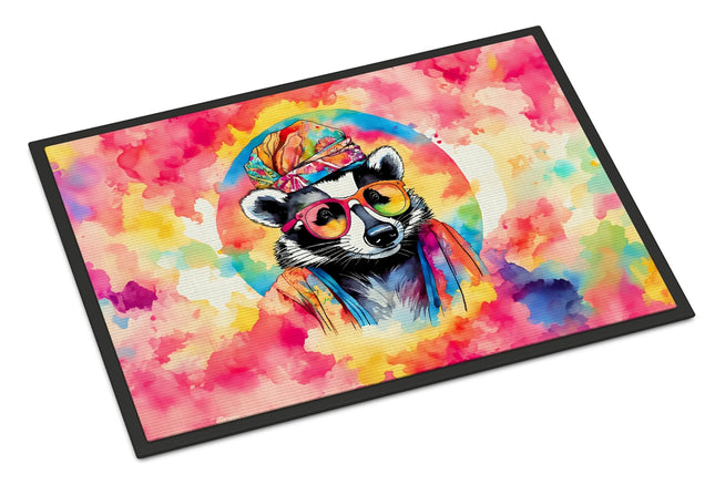 Urbn-cart doormat with a watercolor-style raccoon wearing sunglasses and a bandana against a vibrant, tie-dye background.