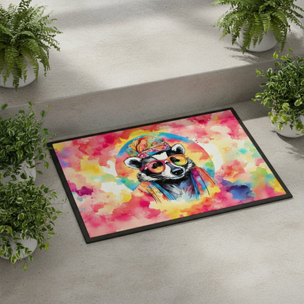 Urbn-cart doormat with a watercolor-style raccoon wearing sunglasses and a bandana against a vibrant, colorful background.
