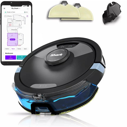 Urbn-cart Shark RV2610WA 2-in-1 robot vacuum and mop with Matrix Clean technology and app control, includes charging dock and cleaning pads.