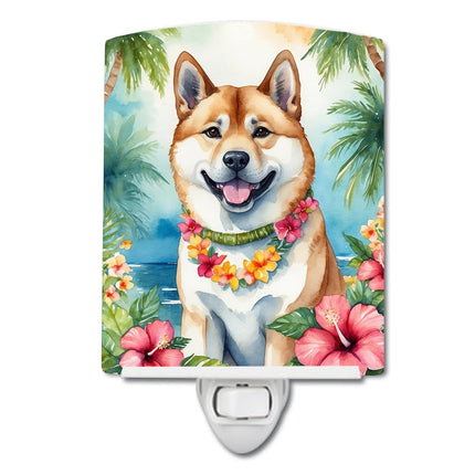 Urbn-cart Shiba Inu dog wearing a lei and tropical flowers, ceramic night light.