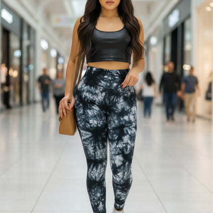 Urbn-cart tie dye black and white cotton leggings with a wide waistband. Model is wearing a size small.