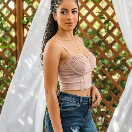 Urbn-cart Toya Corset Style Crop Top in dusty rose with polka dots, lace trim, sweetheart neckline, and adjustable straps.