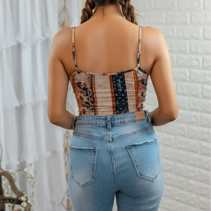Urbn-cart Trish Tribal Printed Crop Top with spaghetti straps and open back. Features a patchwork of earthy tones and blue.