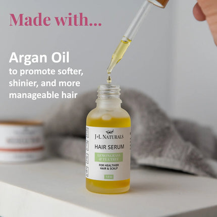 Urbn-cart Natural Vegan Hair Serum bottle with dropper, promoting softer, shinier, manageable hair. Lemongrass & Tea Tree formula.