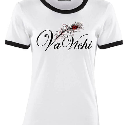 Urbn-cart white ringer tee with black trim, featuring a black 'Va Vichi' graphic with a red and black feather detail.