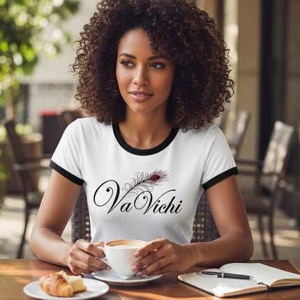 Urbn-cart white ringer tee with black trim, featuring a feather graphic and VaVichi logo.