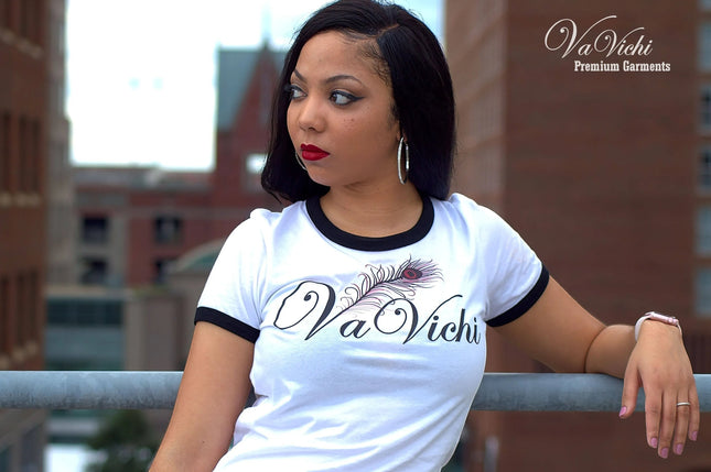 Urbn-cart Womens VaVichi white ringer tee with black trim and a peacock feather graphic.
