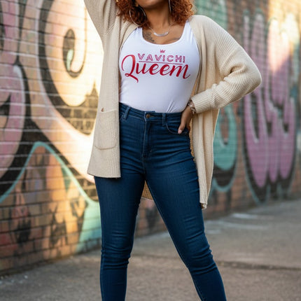 Urbn-cart white cotton blend scoop neck short sleeve crop top with red VaVichi Queen graphic. Model wears black shorts and fishnets.