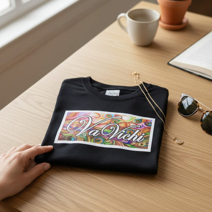 Urbn-cart black semi-fitted 50/50 blend t-shirt with colorful 'Va Vichi' graphic print