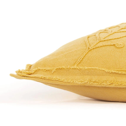 Urbn-cart yellow lumbar pillow with corded botanical embroidery and frayed edge detail.