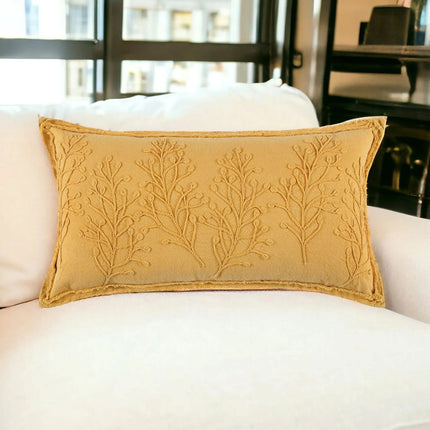Urbn-cart yellow lumbar pillow with embroidered botanical pattern and frayed edge, 26x14 inches.