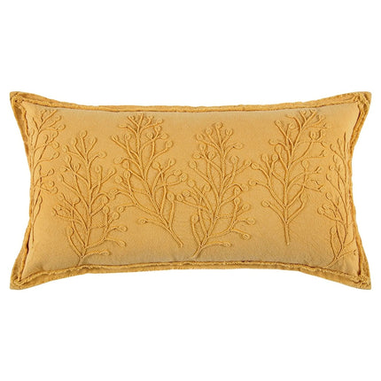 Urbn-cart yellow lumbar pillow with embroidered botanical branches and frayed edges.