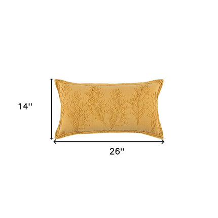 Urbn-cart yellow lumbar pillow with embroidered botanical pattern and frayed edge, 26" x 14"